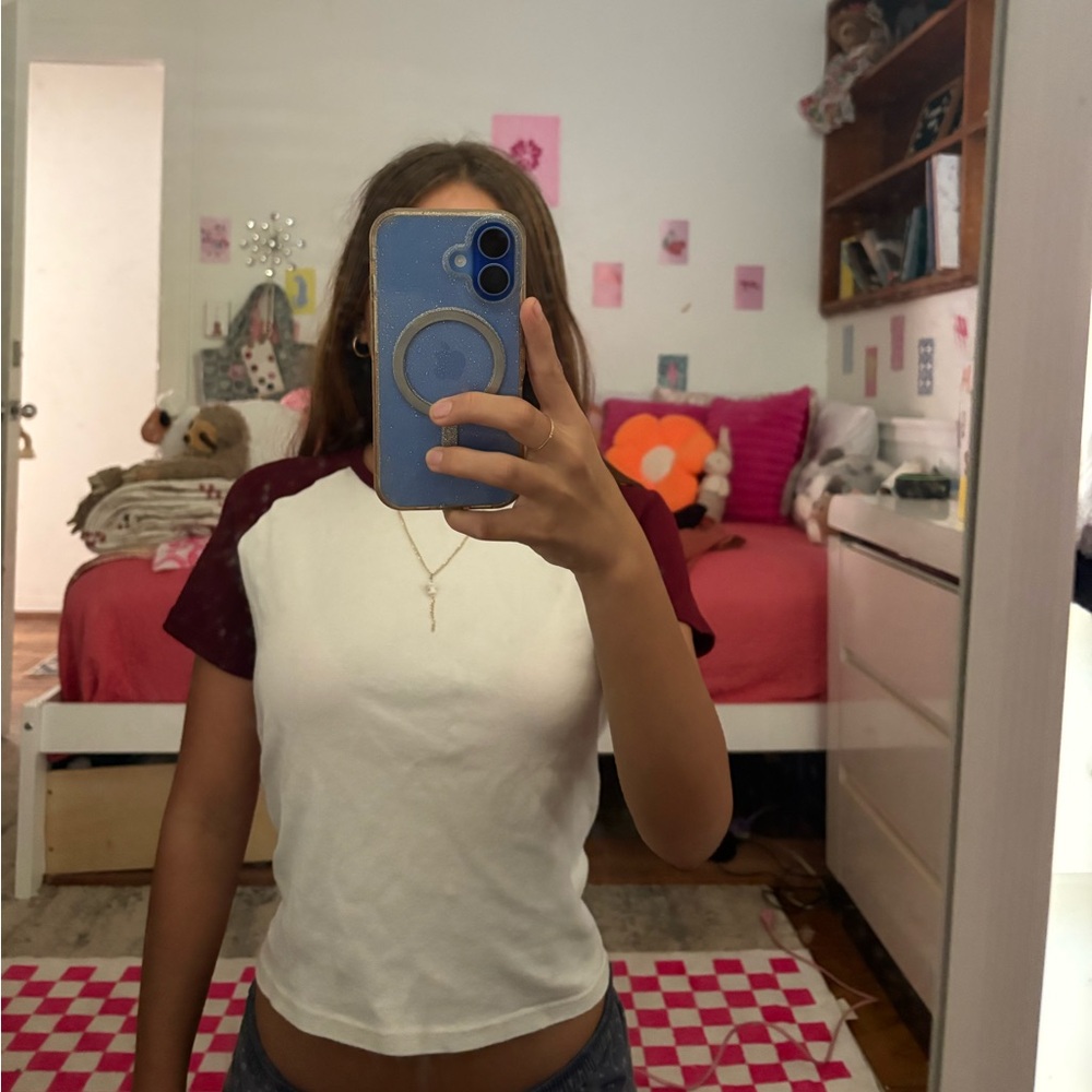 Brandy Melville Cream and Burgundy Raglan Top